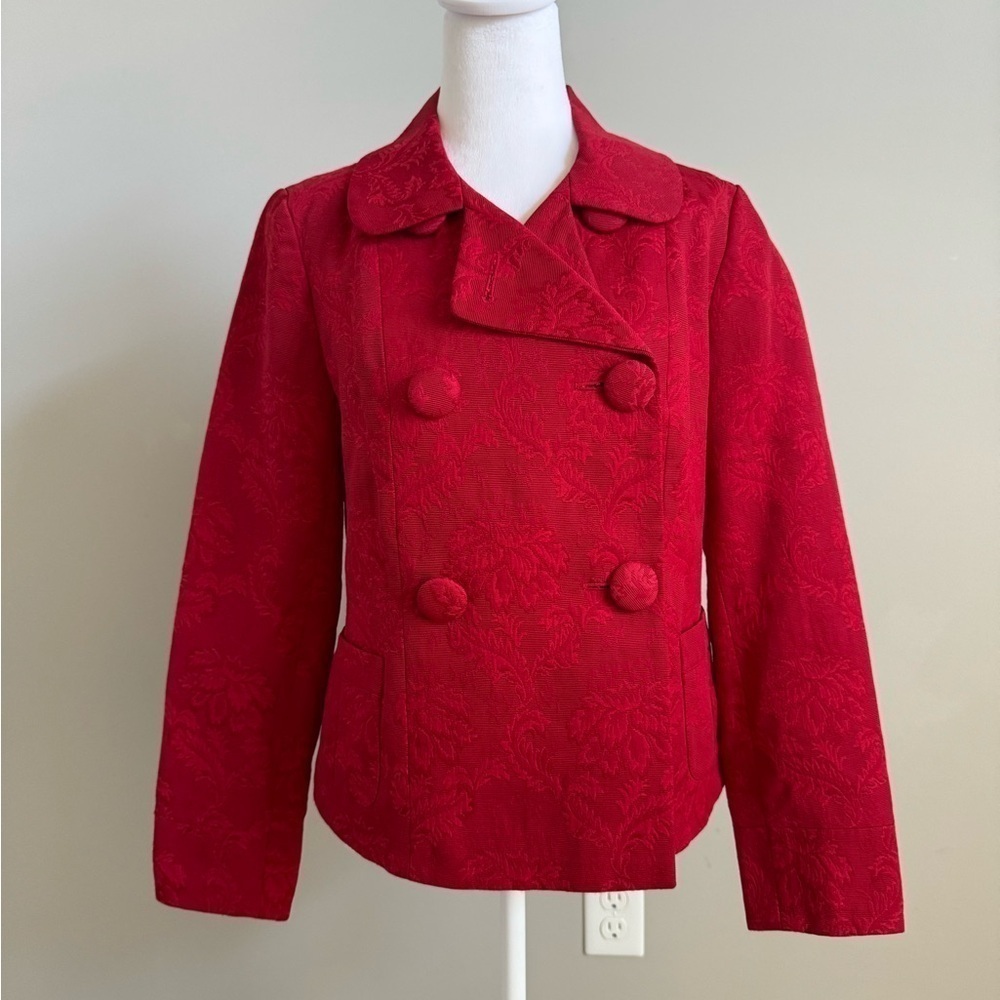Talbots Double Breasted Pea Coat Red Floral Brocade